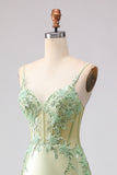 Light Green Mermaid Beaded Corset Ruffle Long Prom Dress with Lace Up Back