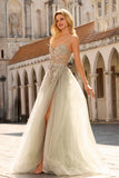 Sparkly A-Line Beaded Corset Peach Sequin Long Tulle Prom Dress with Slit