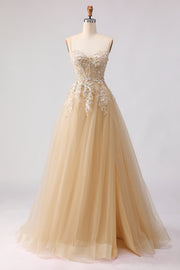 Sparkly A-Line Tulle Beaded Embroidered Champagne Long Prom Dress with Slit
