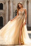Sparkly A-Line Tulle Beaded Embroidered Champagne Long Prom Dress with Slit