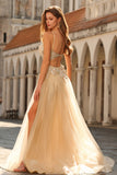 Sparkly A-Line Tulle Beaded Embroidered Champagne Long Prom Dress with Slit