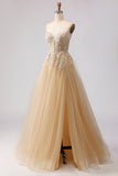 Sparkly A-Line Tulle Beaded Embroidered Champagne Long Prom Dress with Slit