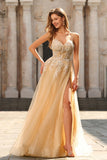 Sparkly A-Line Tulle Beaded Embroidered Champagne Long Prom Dress with Slit