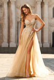 Sparkly A-Line Tulle Beaded Embroidered Champagne Long Prom Dress with Slit