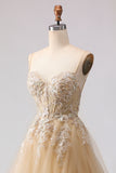 Sparkly A-Line Tulle Beaded Embroidered Champagne Long Prom Dress with Slit