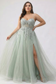 Sage Green A Line Embroidered Long Tulle Prom Dress with Slit