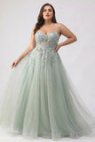 Sage Green A-Line Beaded Long Tulle Prom Dress with Embroidery