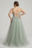 Sage Green A-Line Beaded Long Tulle Prom Dress with Embroidery