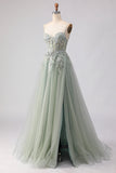 Sparkly A-Line Tulle Beaded Embroidered Champagne Long Prom Dress with Slit
