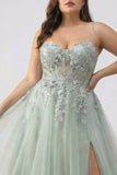 Sage Green A Line Embroidered Long Tulle Prom Dress with Slit