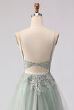 Sparkly A-Line Tulle Beaded Embroidered Champagne Long Prom Dress with Slit