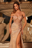 Sparkly Peach Mermaid Sequins Off the Shoulder Corset Long Prom Dress with Slit