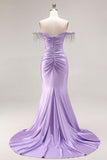 Satin Light Purple Mermaid Sweetheart Ruched Beaded Long Prom Dress with Slit