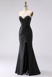 Black Mermaid Sweetheart Beaded Corset Long Prom Dress with Slit