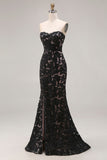 Lace Black Mermaid Sweetheart Lace-Up Back Long Prom Dress with Slit