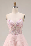 Pink A-Line Sequins Strapless Coeset Long Prom Dress with 3D Flowers