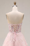 Pink A-Line Sequins Strapless Coeset Long Prom Dress with 3D Flowers