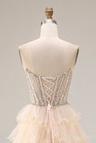 Apricot Strapless Tiered A-Line Sequins Beaded Long Prom Dress with Slit