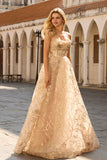 Sparkly Champagne A-Line Corset Long Tulle Prom Dress with Sequins