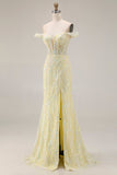 Off The Shoulder Sequins Mermaid Light Yellow Long Prom Dress with Slit
