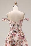 Off The Shoulder Floral A-Line Corset Desert Rose Long Prom Dress