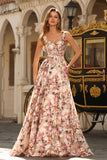 Pink Floral Printed A-Line Corset Long Prom Dress