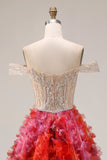 Fuchsia A-Line Off The Shoulder Beaded Sequin Long Prom Dress with 3D Flowers