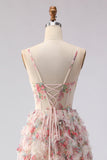 Light Pink A-Line Floral Printed Corset Long Prom Dress with Ruffles