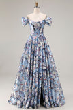 Blue A-Line Off The Shoulder Corset Floral Long Prom Dress with Slit