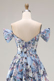 Blue A-Line Off The Shoulder Corset Floral Long Prom Dress with Slit