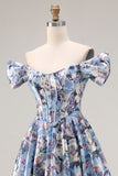 Blue A-Line Off The Shoulder Corset Floral Long Prom Dress with Slit