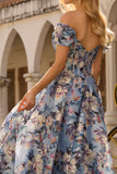 Blue Floral A-Line Off The Shoulder Corset Long Prom Dress with Slit