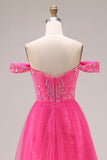 Sparkly Fuchsia Mermaid Off The Shoulder Convertible Long Prom Dress with Sequins