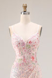 Sparkly Pink Mermaid Beaded Backless Embroidered Long Prom Dress with Slit