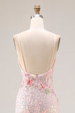 Sparkly Pink Mermaid Beaded Backless Embroidered Long Prom Dress with Slit
