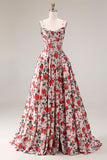 Red Pink Flower Spaghetti Straps Basque Waist A-Line Long Prom Dress with Slit