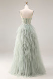 Dusty Green A-Line Tulle Spaghetti Straps Corset Long Prom Dress with Ruffles