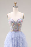 Light Plum Appliqued A-Line Tulle Spaghetti Straps Corset Long Prom Dress with Ruffles