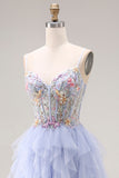 Light Plum Appliqued A-Line Tulle Spaghetti Straps Corset Long Prom Dress with Ruffles