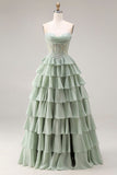 Dusty Green A Line Ruffled Tiered Chiffon Corset Long Prom Dress with Slit