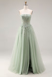 Dusty Green Tulle A-Line Corset Strapless Appliqued Long Prom Dress with Slit