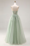 Dusty Green Tulle A-Line Corset Strapless Appliqued Long Prom Dress with Slit