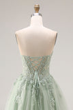 Dusty Green Tulle A-Line Corset Strapless Appliqued Long Prom Dress with Slit