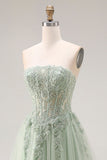 Dusty Green Tulle A-Line Corset Strapless Appliqued Long Prom Dress with Slit