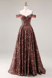 Coffee Leopard A Line Off the Shoulder Long Prom Dress