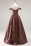 Coffee Leopard A Line Off the Shoulder Long Prom Dress
