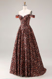 Coffee Leopard A Line Off the Shoulder Long Prom Dress