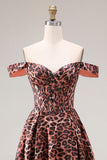 Coffee Leopard A Line Off the Shoulder Long Prom Dress