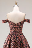 Coffee Leopard A Line Off the Shoulder Long Prom Dress