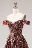 Coffee Leopard A Line Off the Shoulder Long Prom Dress